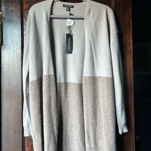 Saks Fifth Avenue Minimalist 100% Cashmere Cardigan Beige Tan Colorblock